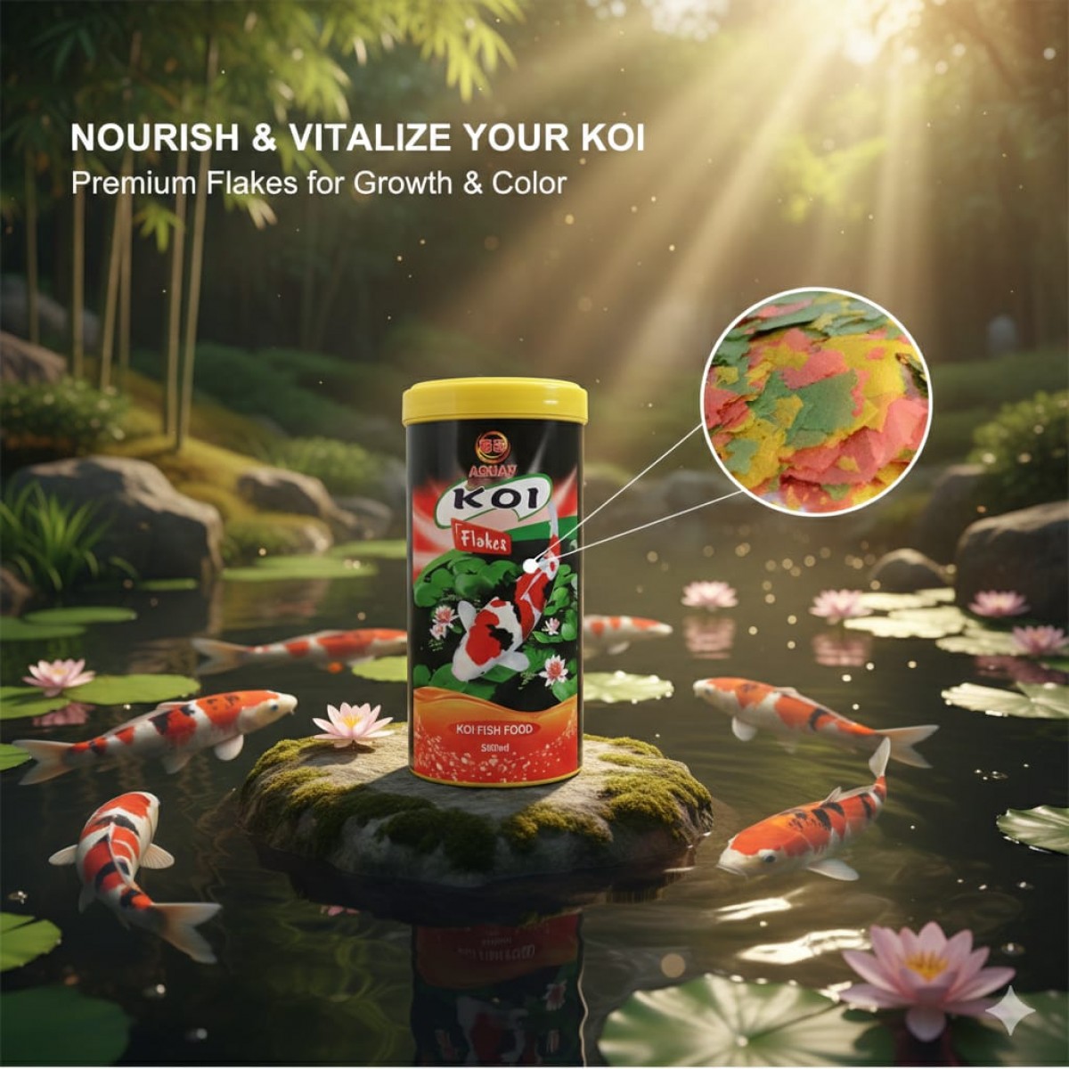 AQUAV Koi Flakes Fish Food 500ml – Vitamin-Enriched Floating Flakes for ...